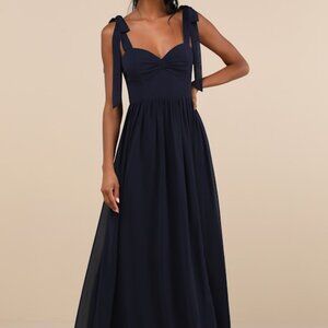 Lulus Radiant Charisma Navy Chiffon Ruched Tie-strap Maxi Dress Blue - Size S